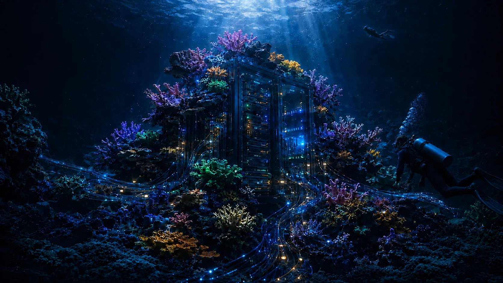 Divers exploring a living underwater data centre